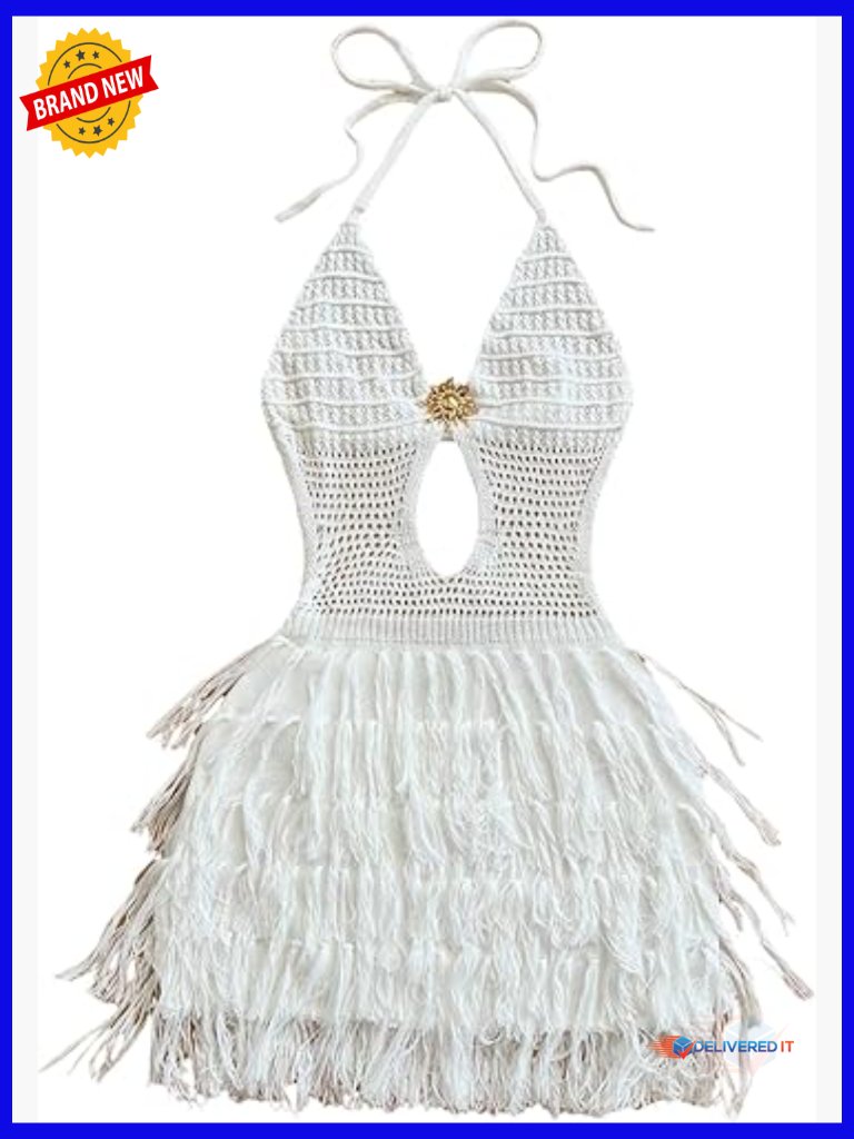 Crochet Fringe Halter Mini Dress Backless Boho Sundress Acrylic